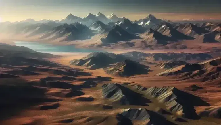 Paisaje natural con terreno árido y arbustos en primer plano, montañas nevadas al fondo y lago reflejando el cielo despejado, con una figura humana contemplativa.