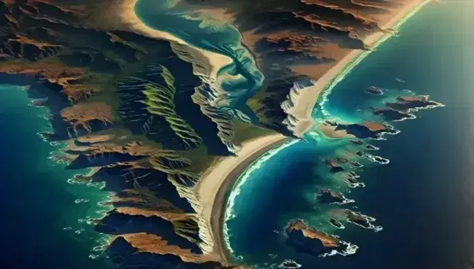 Vista aérea de una costa con gradiente de azules marinos a turquesas, playa arenosa, vegetación verde oscura y formaciones rocosas, sin presencia humana.