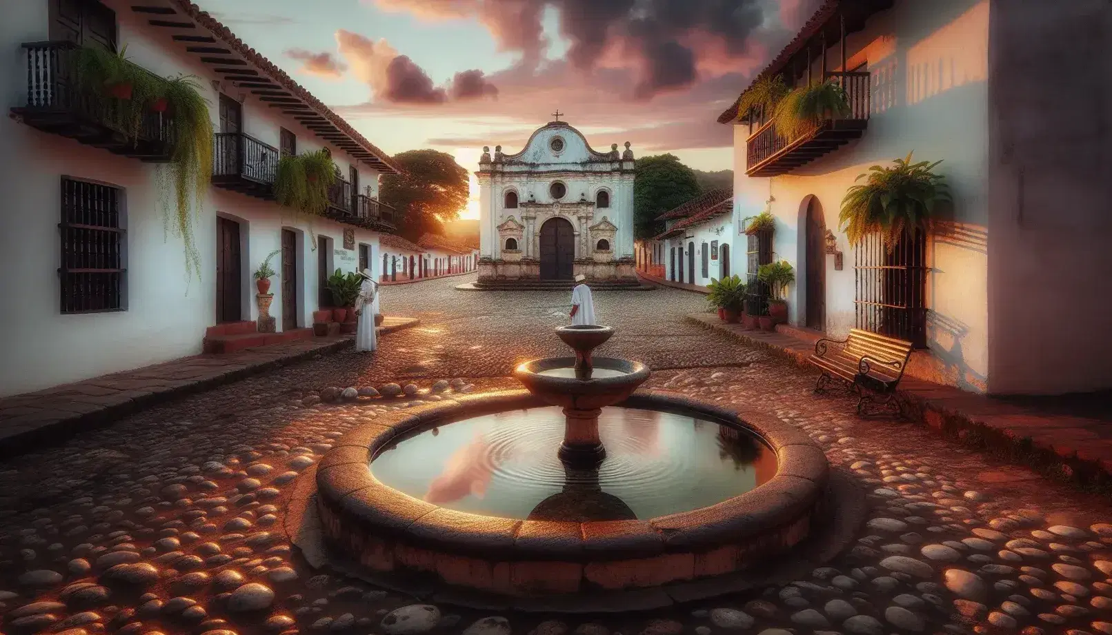Amanecer en plaza de pueblo latinoamericano con fuente de piedra, iglesia colonial y casa con balcones de hierro, cielo rosado y figura humana caminando.