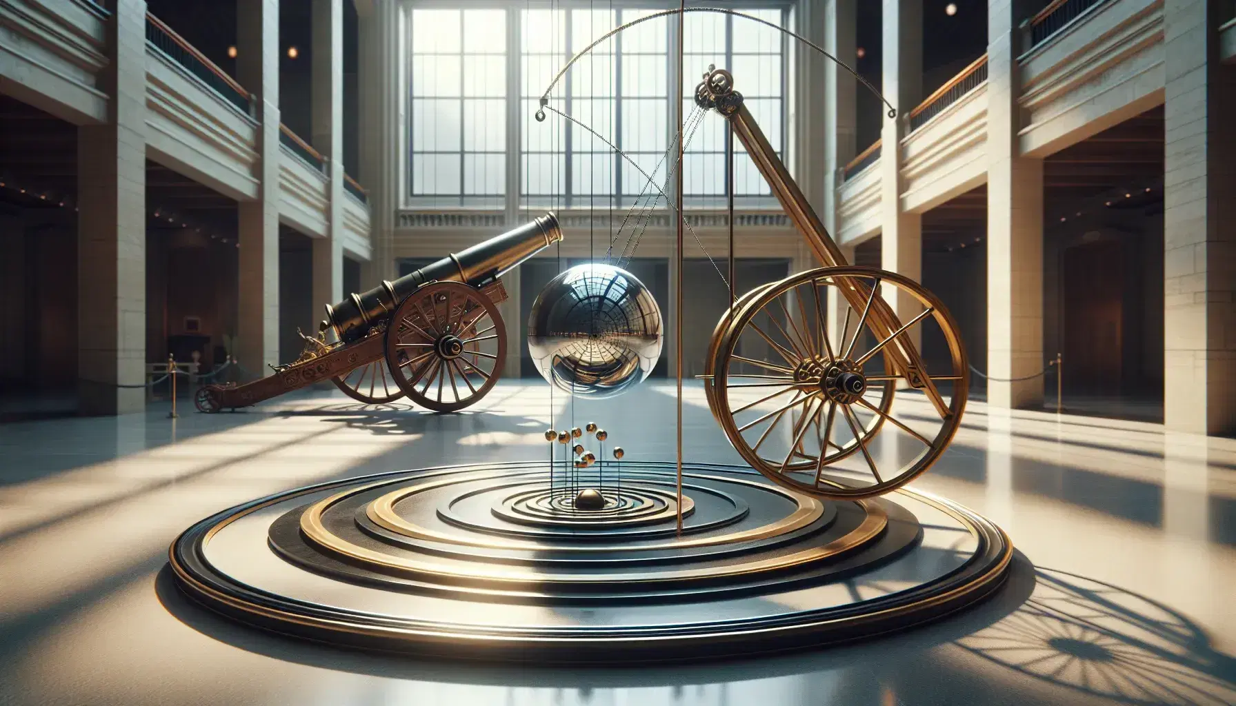 Foucault pendulum in motion in a sunny atrium, metal sphere above concentric circles, vintage cannon and disk with colored spheres.