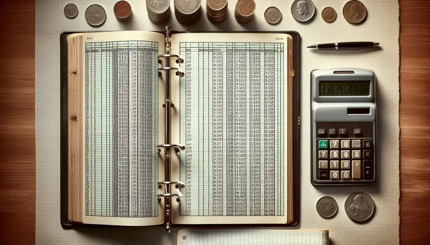 Top-down view of an organized office desk with an open ledger, a metallic calculator, ascending stacks of coins, and a clock with no numbers.