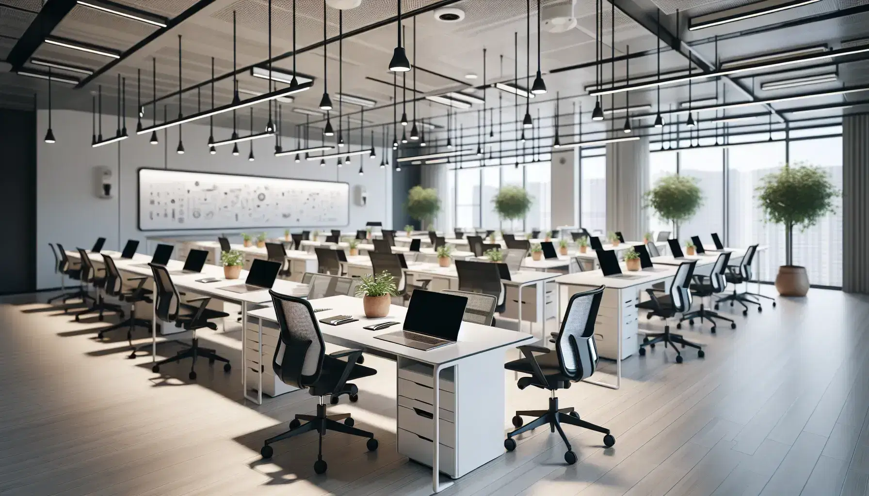 Aula moderna y espaciosa con estaciones de trabajo individuales, mesas blancas con sillas negras ajustables, laptops cerradas y pizarra blanca limpia, iluminada por luces LED y luz natural, sin cortinas y decorada con plantas verdes.