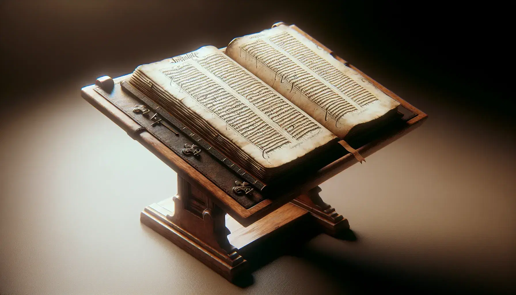 Libro antico con copertina in cuoio marrone scuro su leggio in legno chiaro, pagine avorio manoscritte in inchiostro nero, senza decorazioni.