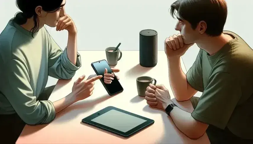 Dos personas sentadas frente a frente con un smartphone, una tableta y un altavoz en una mesa, en un ambiente interior iluminado suavemente.