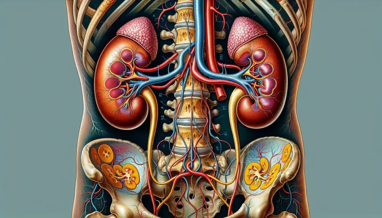 Rappresentazione anatomica dettagliata dei reni umani con arterie rosse e vene blu, ghiandole surrenali e posizione rispetto alla colonna vertebrale.