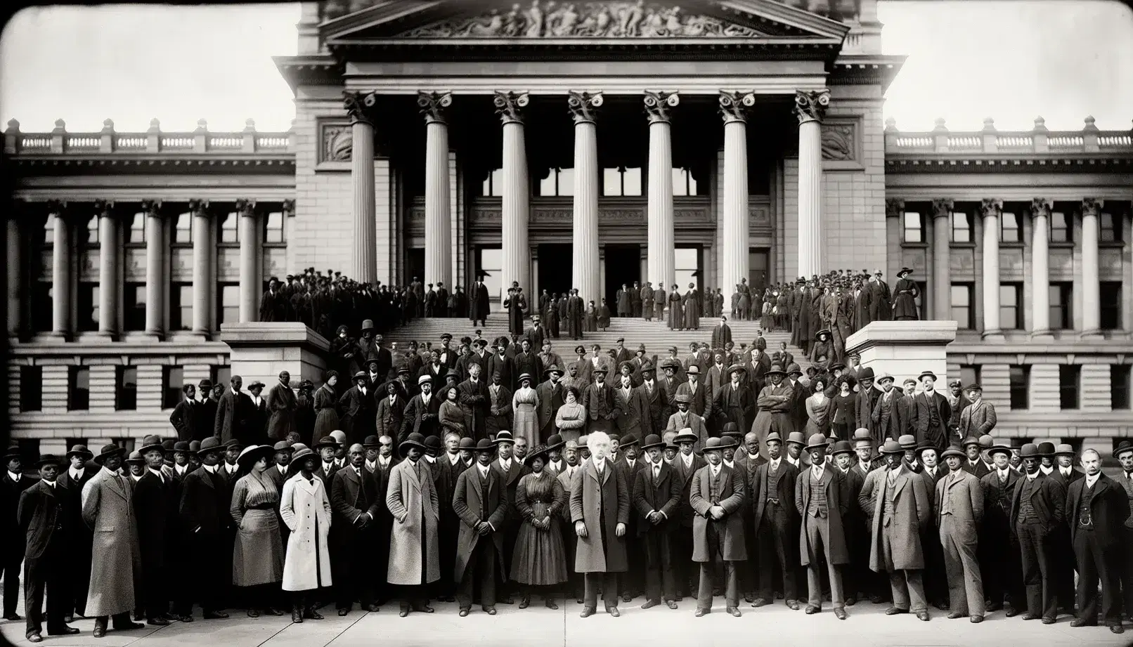 Early 20th-century photo of a diverse group in period attire gathered on neoclassical building steps, united in purpose under a clear sky.