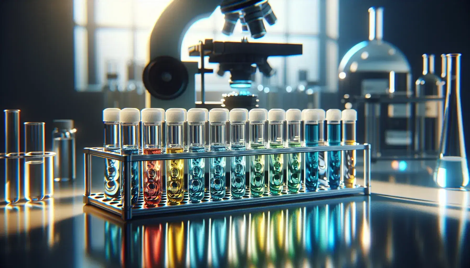 Serie di provette in vetro con tappi bianchi e liquidi colorati da giallo a blu in portaprovette metallico su banco laboratorio con microscopio sfocato sullo sfondo.