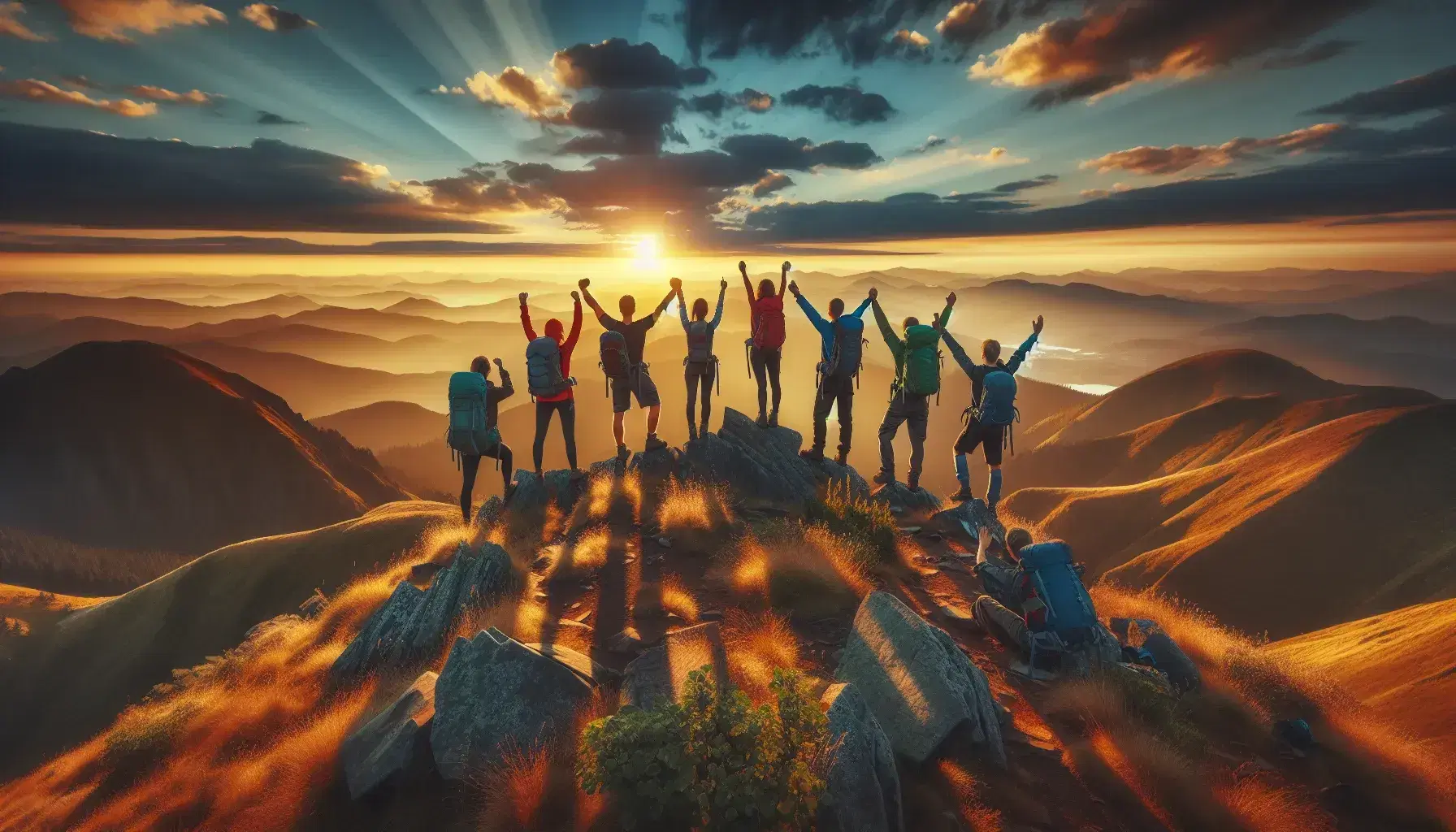 Grupo de cinco excursionistas celebrando en la cima de una montaña al atardecer, con cielo anaranjado y montañas en el fondo.