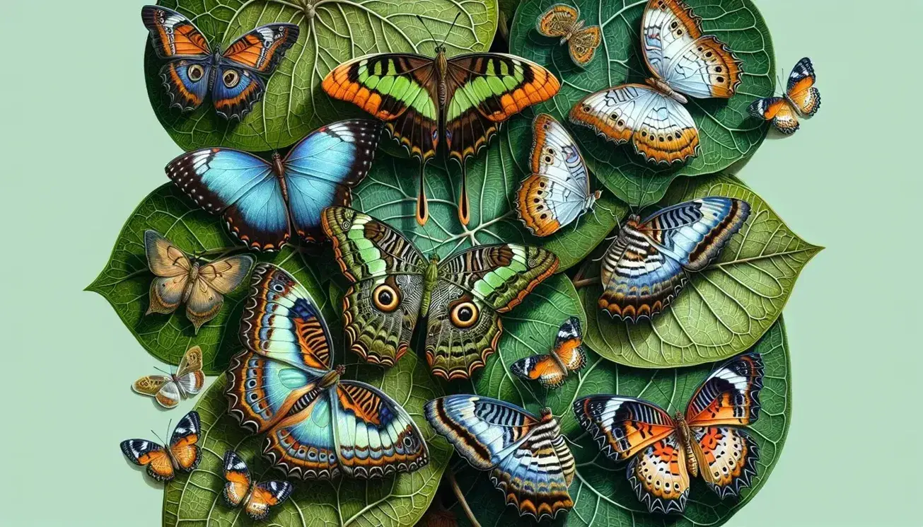Diverse butterflies with vibrant orange, pale blue, and camouflage-patterned wings rest on lush green leaves in a natural outdoor setting.