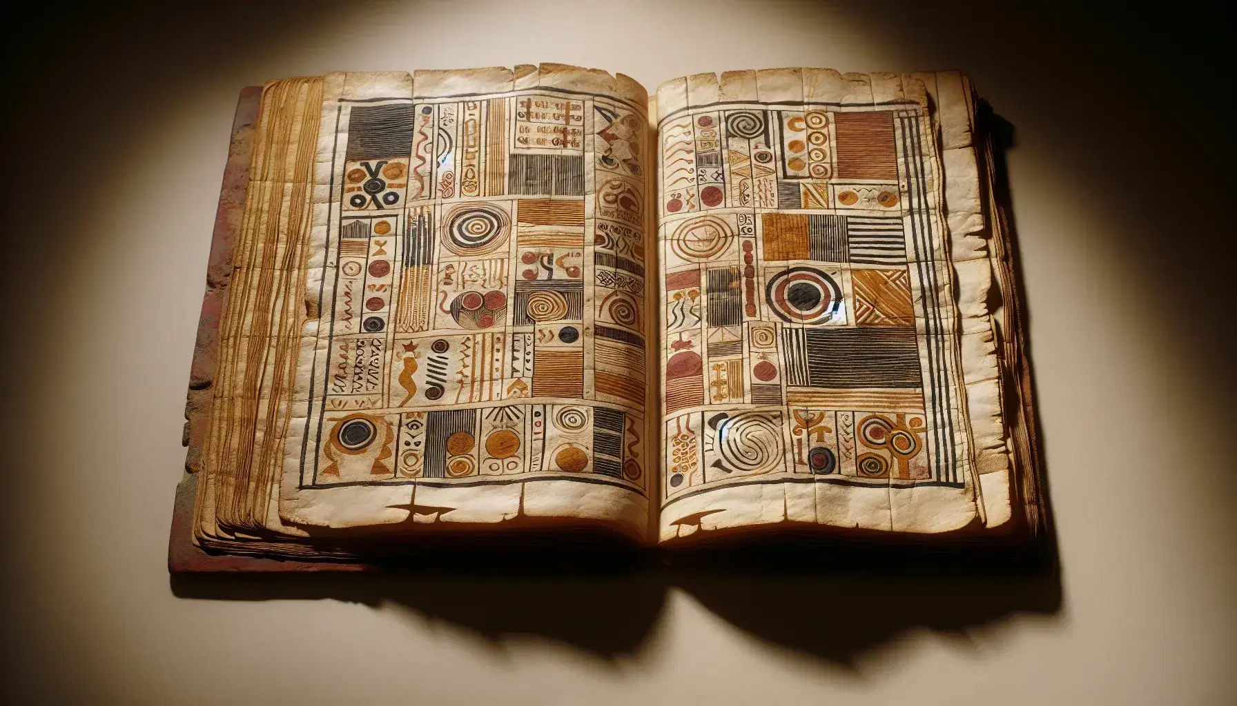 Manoscritto africano antico aperto con pagine avorio, bordi ondulati e macchie di invecchiamento, ornato da disegni astratti e geometrici in tonalità di marrone, ocra, nero, blu e rosso.