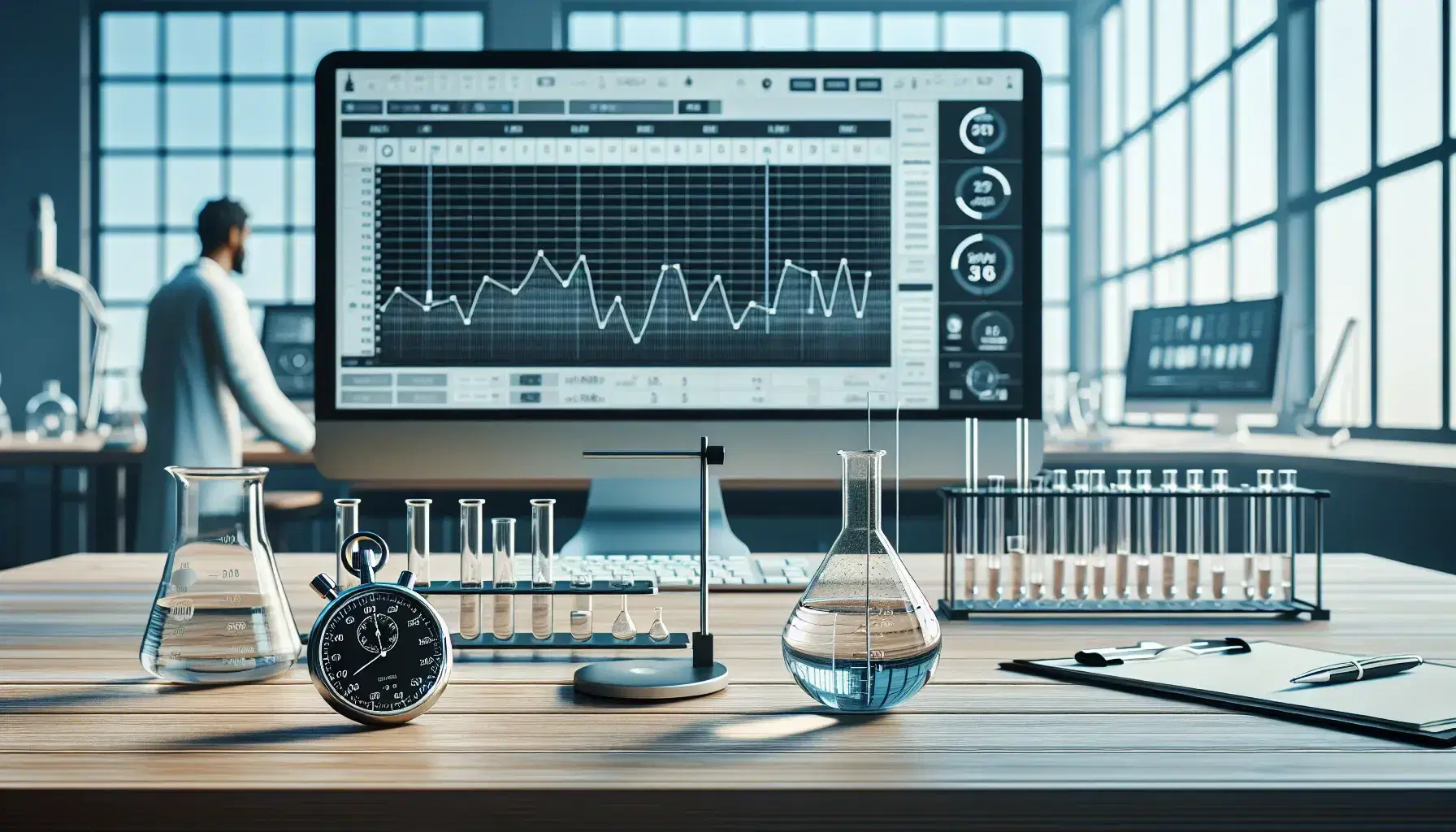 Laboratory environment with table containing scientific instruments, computer with graph and person in lab coat observing a subject with headphones.
