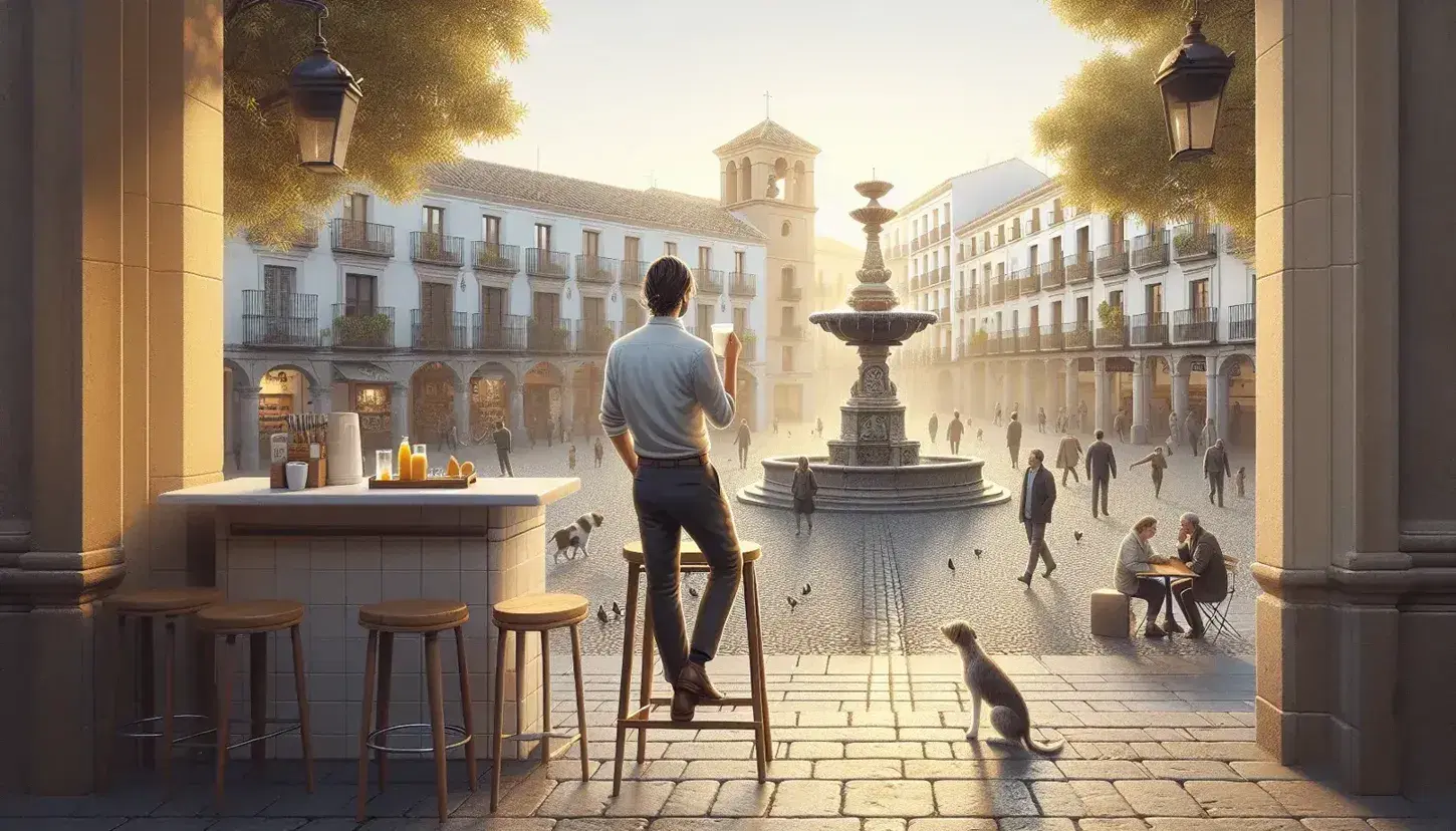 Early morning in a Spanish plaza with a person enjoying café con leche at a bar, a stone fountain, orange trees, and traditional architecture bathed in sunrise light.