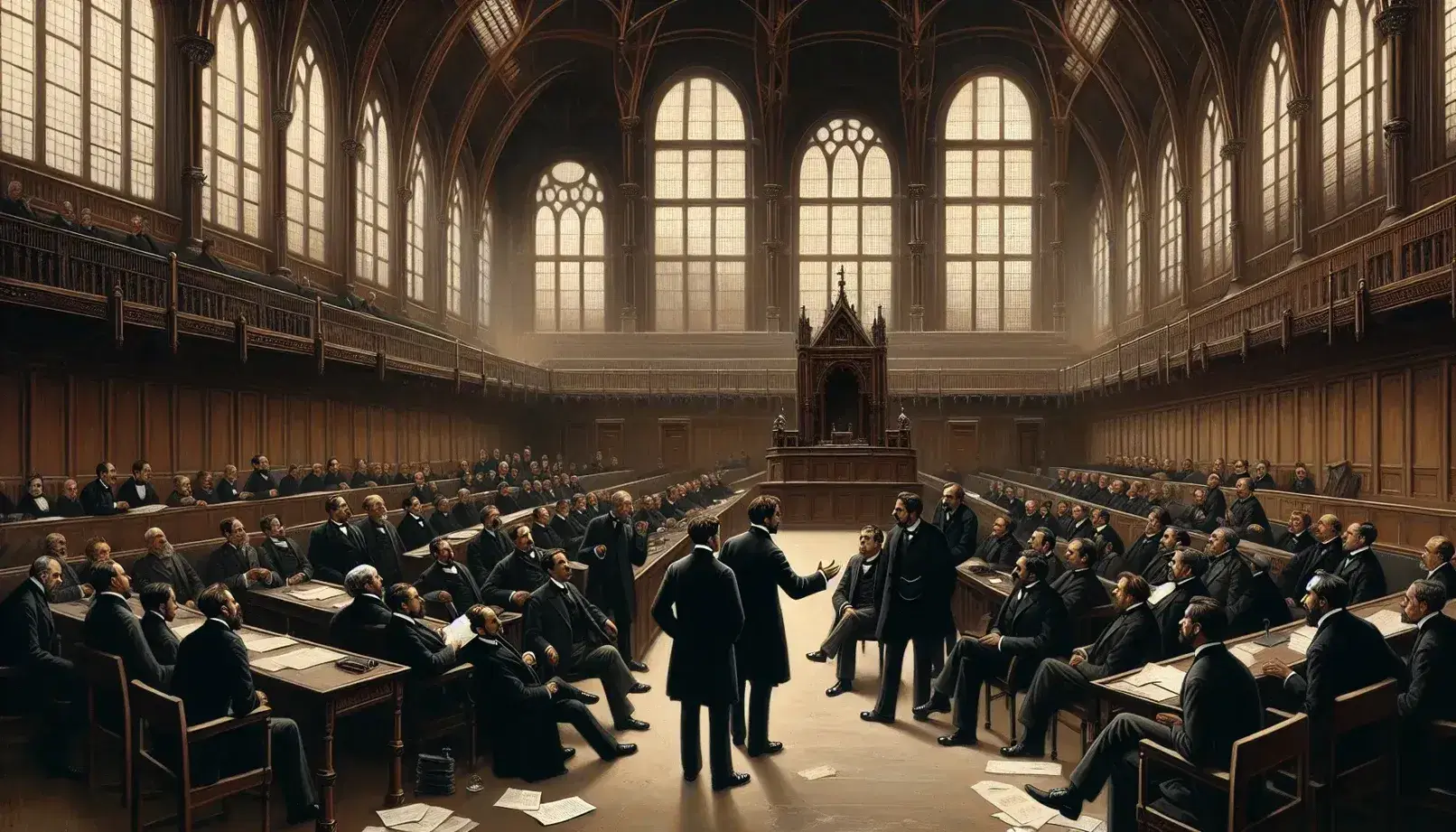Early 20th-century parliament interior with solemn figures in 1920s attire engaged in a serious discussion, high arched windows, and an empty speaker's podium.