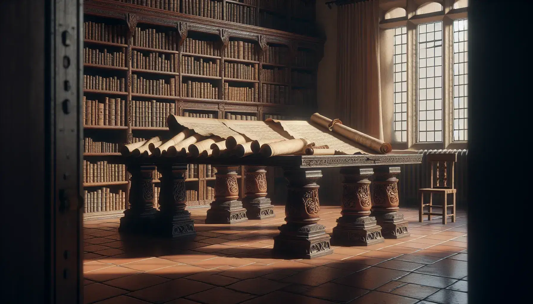 Biblioteca antigua con mesa de madera oscura y pergaminos, estantería llena de libros, ventana iluminando y pluma en tintero.
