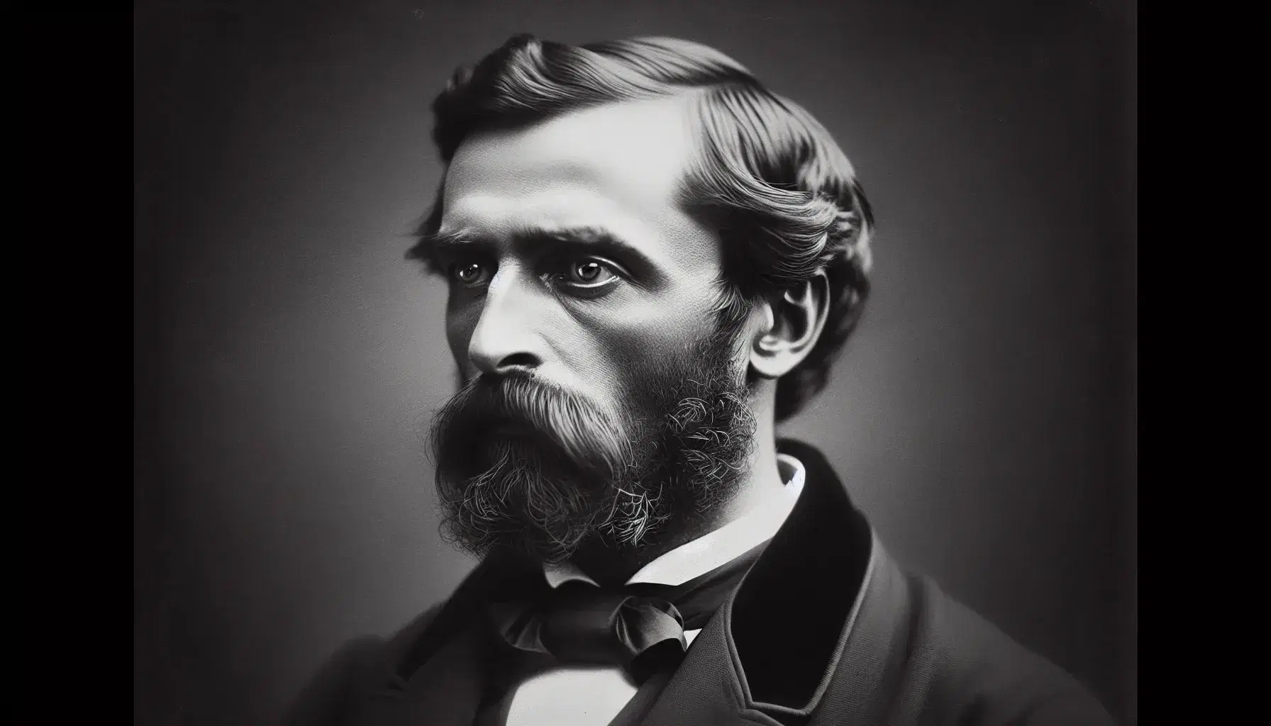 Ritratto in bianco e nero di uomo adulto, figura letteraria del naturalismo francese del XIX secolo, con barba folta e abito formale.
