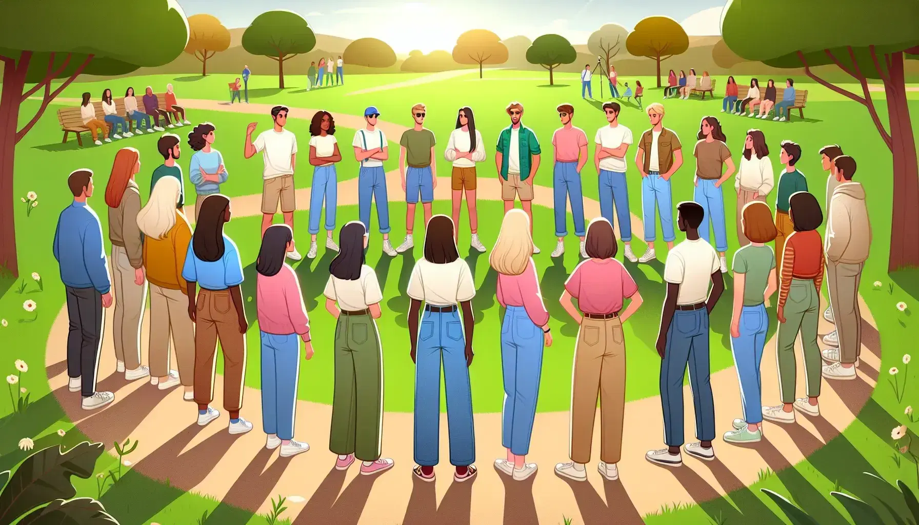 Grupo diverso de personas en semicírculo en un parque, con una persona en el centro hablando, bajo un cielo azul y rodeados de árboles.