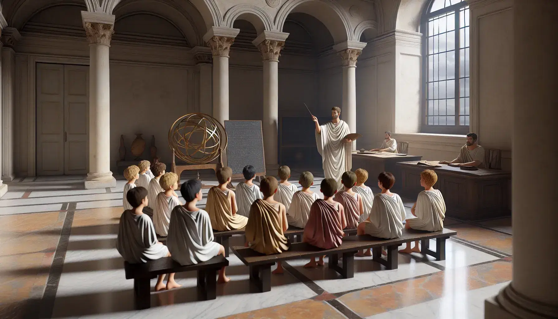 Aula romana antica con insegnante in toga e studenti su panche, strumenti didattici su tavolo e rilievi sulle pareti.