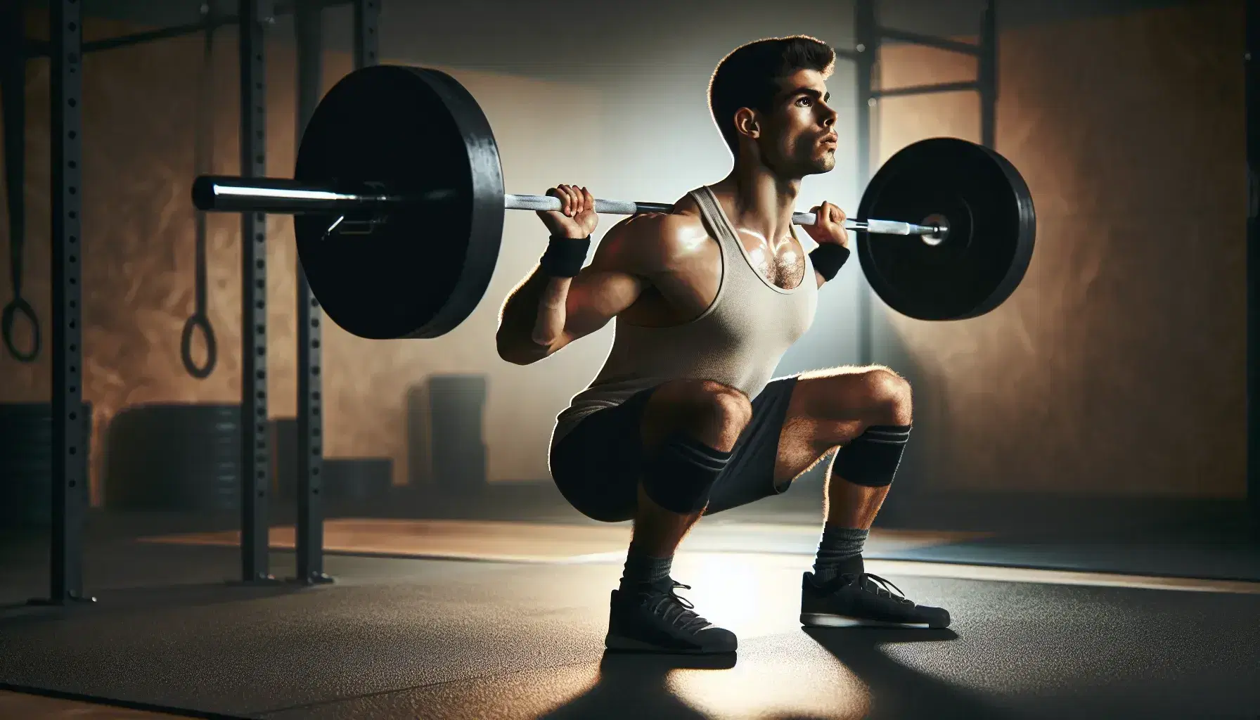 Atleta maschile esegue squat con bilanciere in palestra, concentrato, con indosso canottiera chiara, shorts scuri e scarpe da sollevamento pesi.