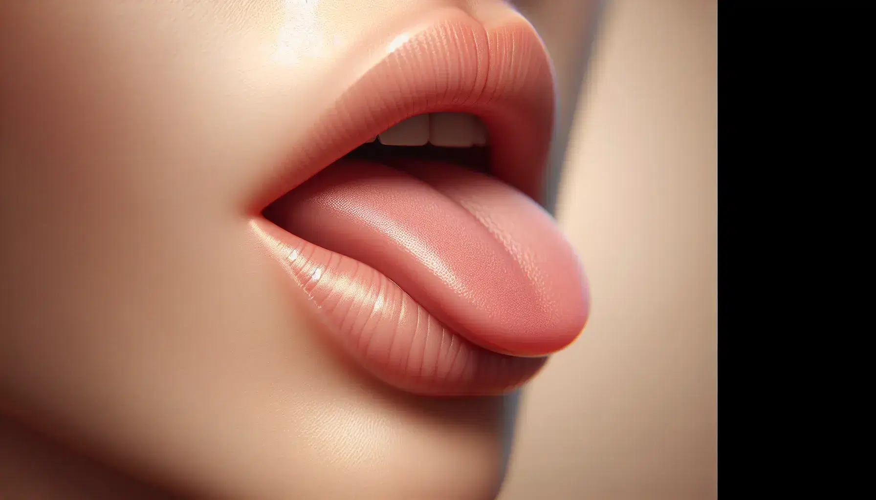 Close-up side view of a human mouth with soft pink lips slightly parted, tongue touching the alveolar ridge, set against a blurred beige background.