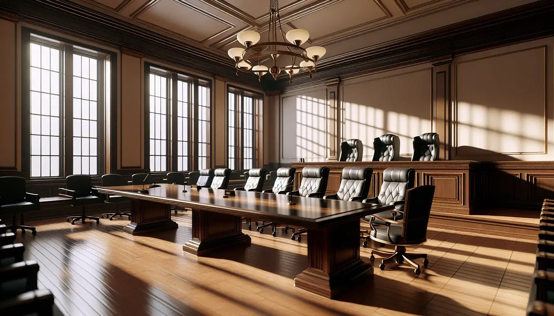 Sala de tribunal vacía con mesa central de madera oscura, sillas altas de cuero negro y bancos de madera para el público bajo luz natural.