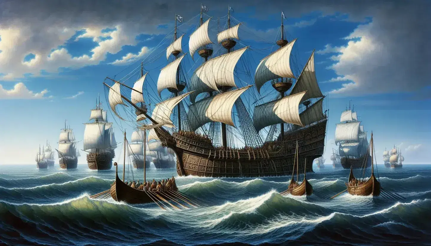 Navi medievali a vela con tre alberi e remi in mare blu-verde, riflessi solari sull'acqua, cielo azzurro con nuvole sparse.