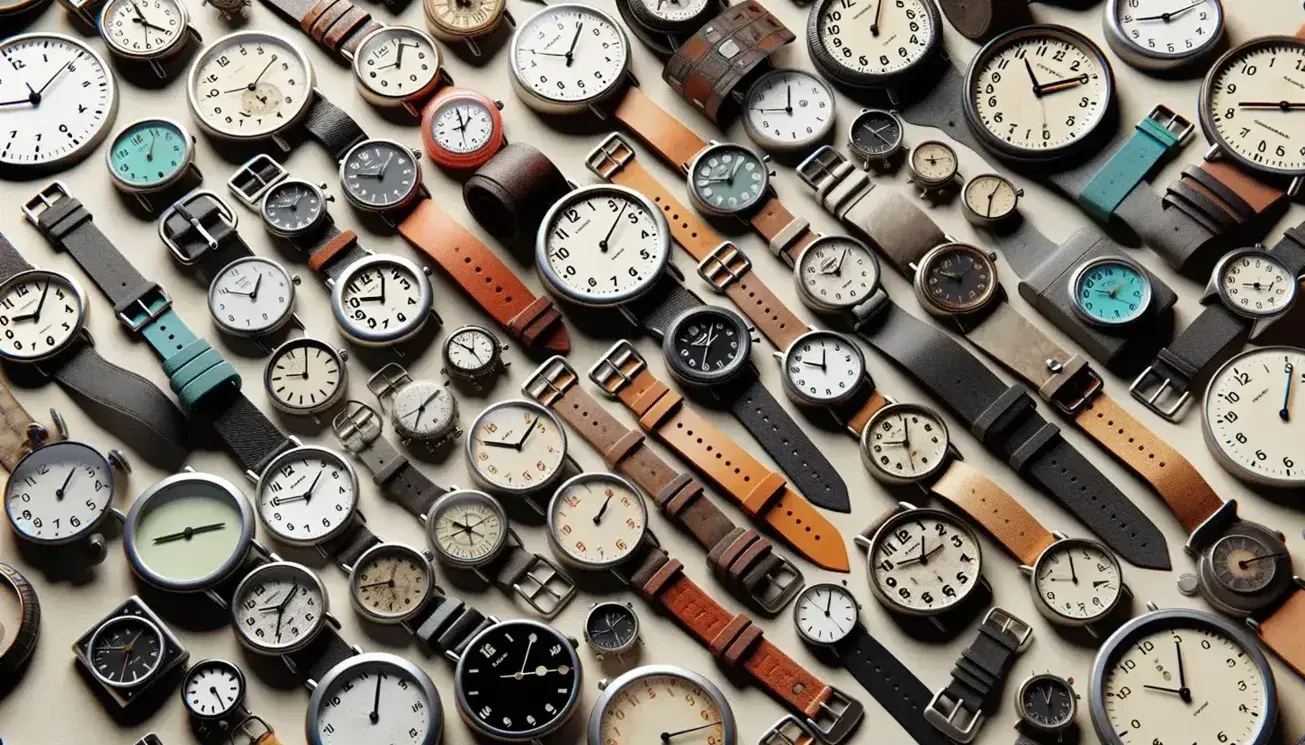 Orologi analogici assortiti su sfondo chiaro, con cinturini in pelle e metallo e quadranti colorati che segnano ore diverse.