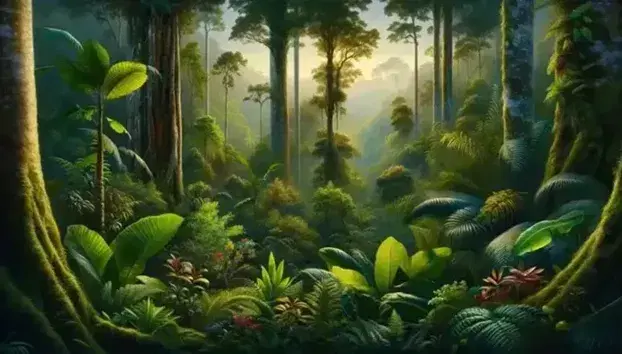 Lush rainforest landscape at sunrise with green foliage, colorful flowers, mossy trunks, wild animals and sunbeams among the leaves.