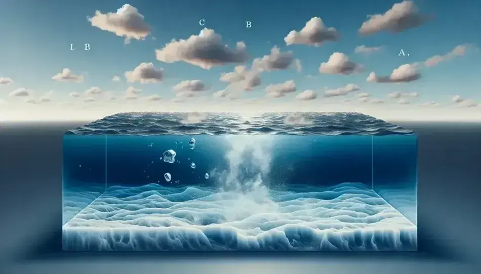 Superficie ghiacciata in basso, acqua liquida al centro e nuvole vaporose in alto rappresentano i tre stati della materia.