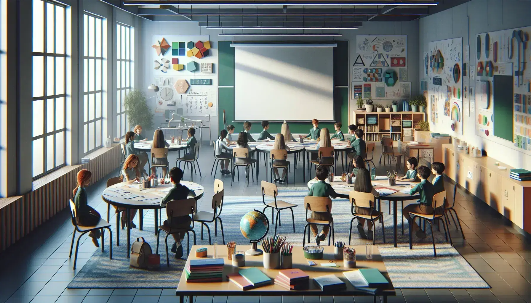 Aula escolar iluminada con estudiantes alrededor de una mesa redonda, discutiendo con materiales de aprendizaje, pizarra y estantería con objetos educativos.