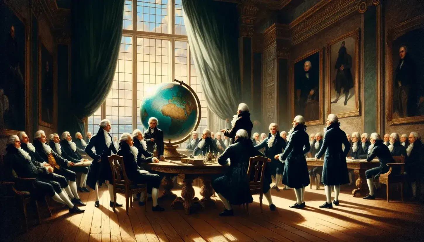 Early 19th-century statesmen in a discussion around a table with a globe, in a room with sunlight, paintings, and a bookshelf.