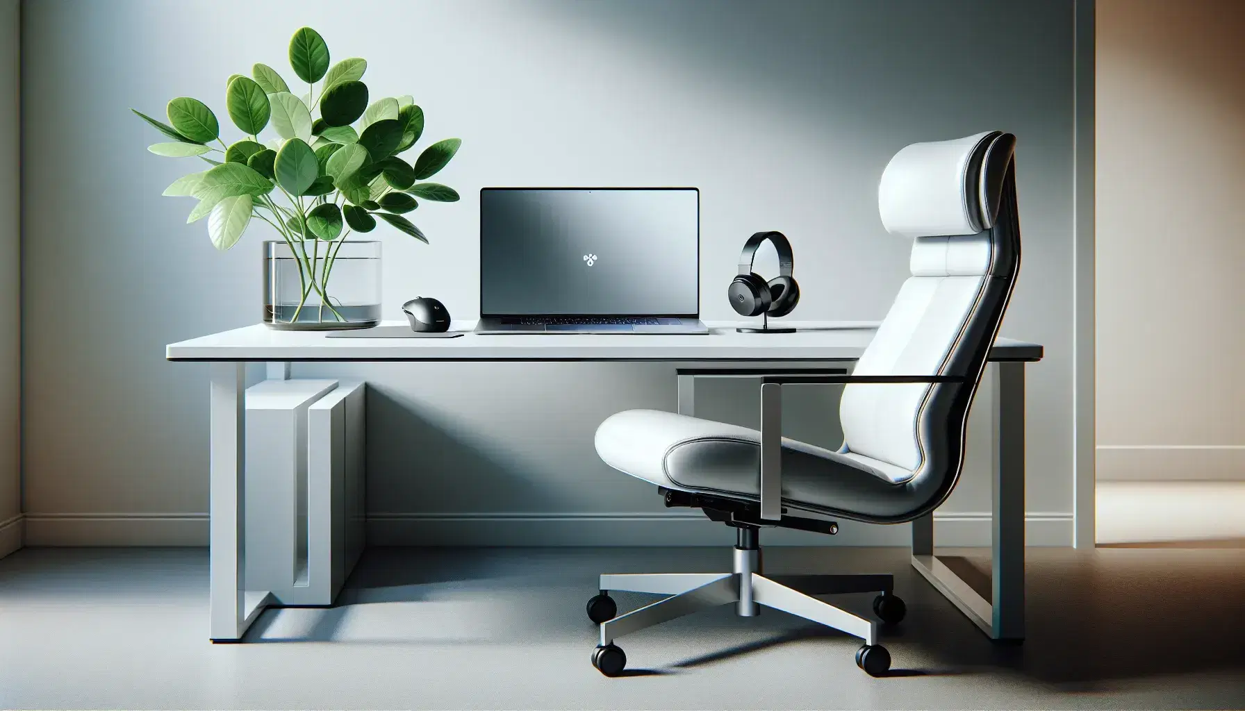 Modern home office with white desk, silver laptop, black wireless mouse, green potted plant, and white adjustable chair in a softly lit room.
