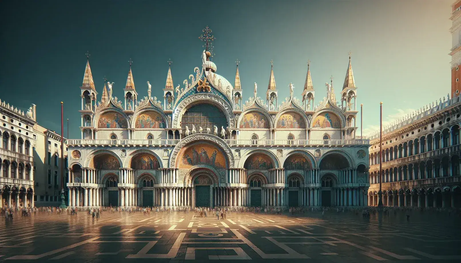 Vista frontale della Basilica di San Marco a Venezia con facciata ornata, mosaici colorati, cavalli di bronzo, colonne e cupole verdi e bianche su cielo azzurro.