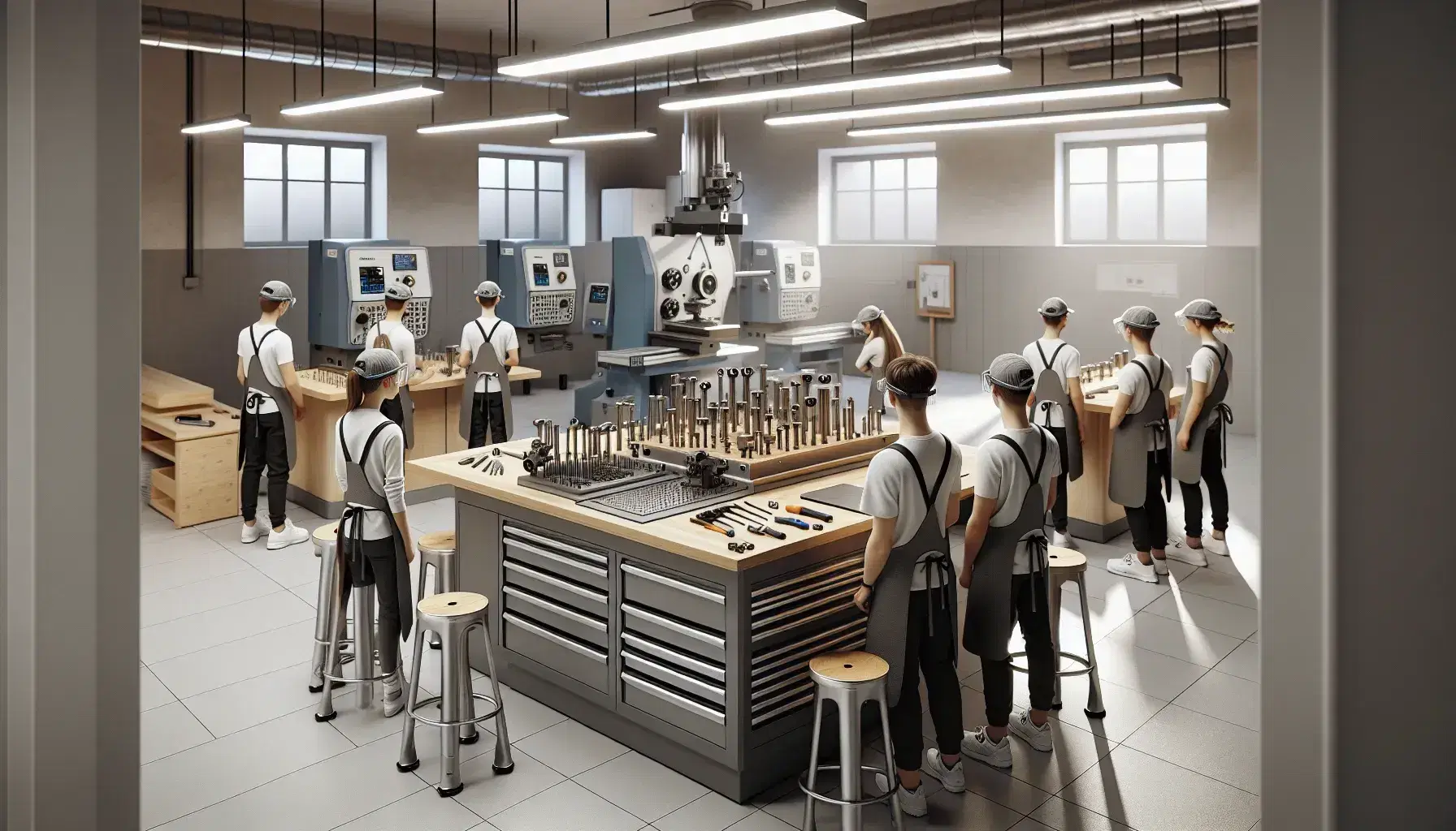 Vocational training classroom in Spain with students in safety gear working around a workbench with tools, high-tech lathes, and milling machines in the background.