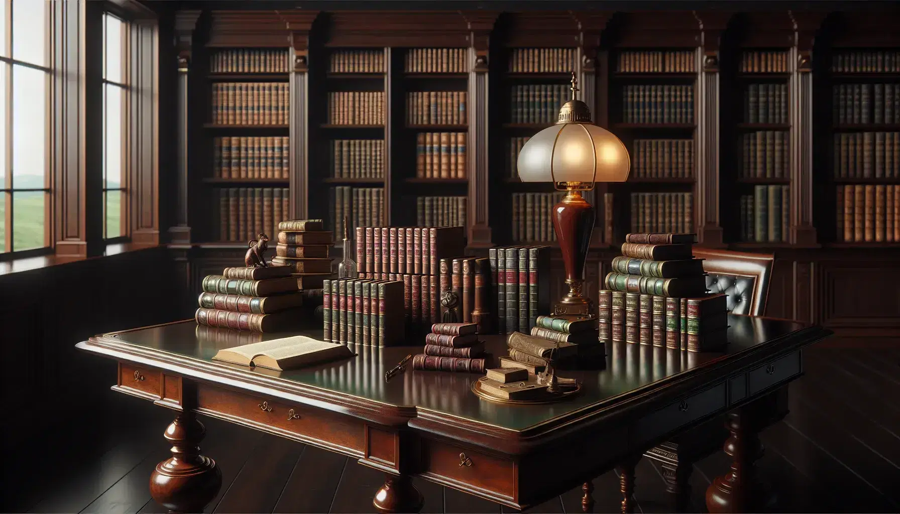 Biblioteca classica con scrivania in legno scuro, libri impilati, lampada antica e scaffali pieni di volumi, atmosfera accogliente.
