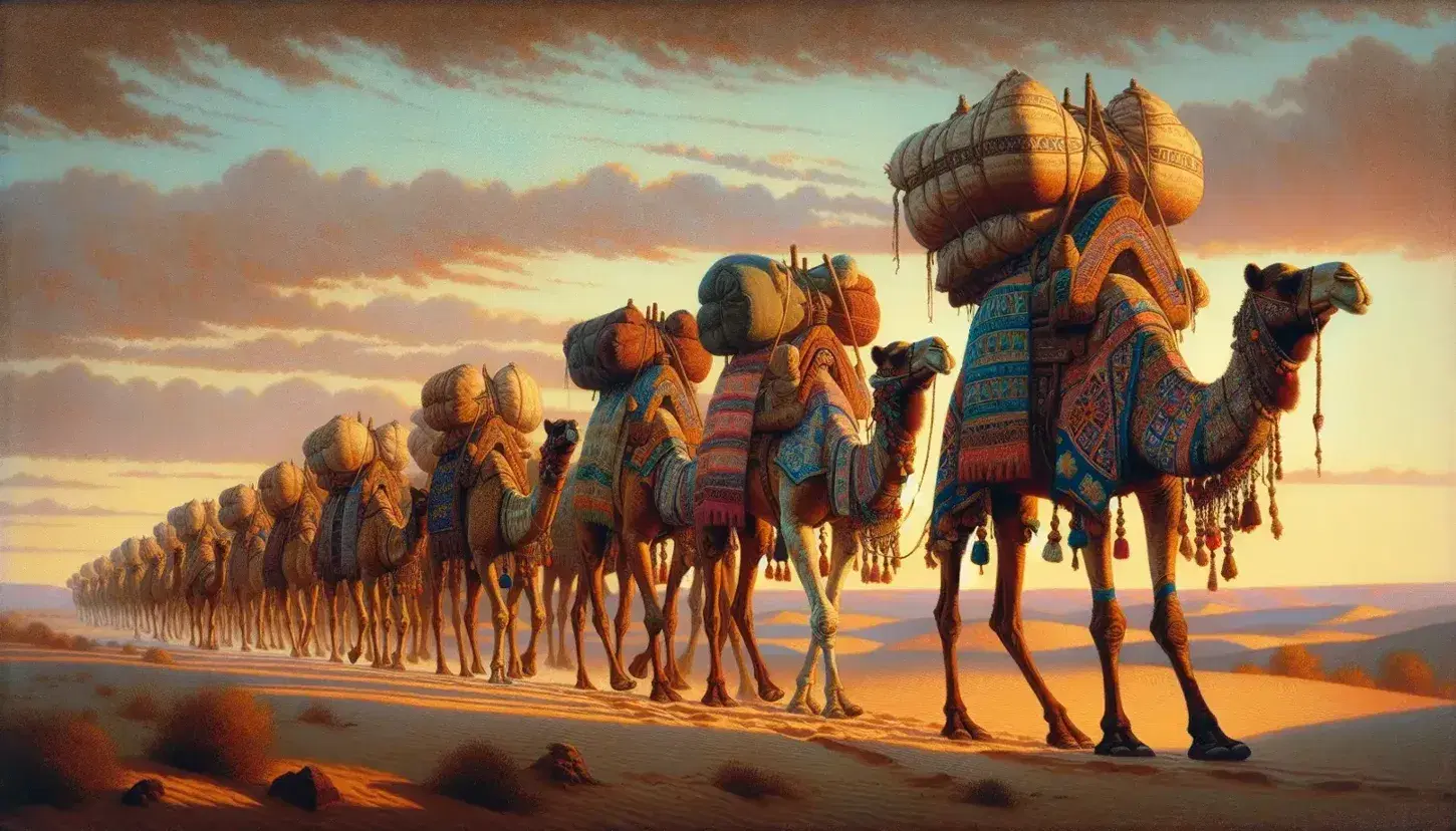 Caravan of camels with colorful saddles trekking through desert dunes at sunset, with a camel handler guiding the lead camel.