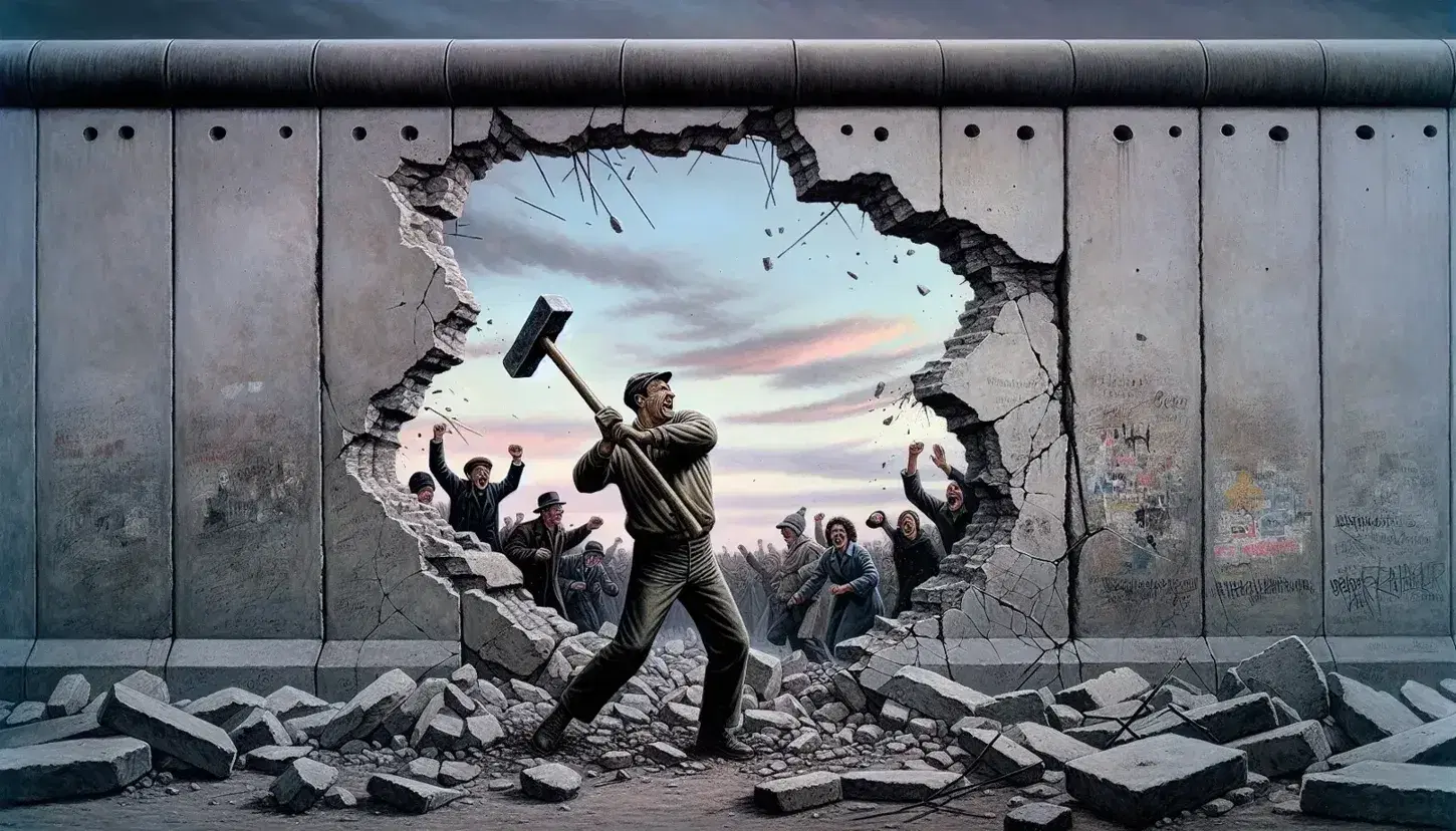 Man demolishing a large, weathered concrete wall with a sledgehammer, as people celebrate freedom through the holes against a twilight sky.