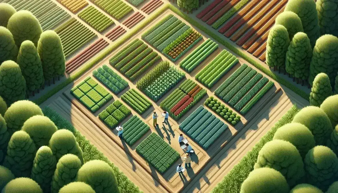 Agricultural field organized with rows of different crops, researchers in field clothing examine plants, cloudless blue sky.