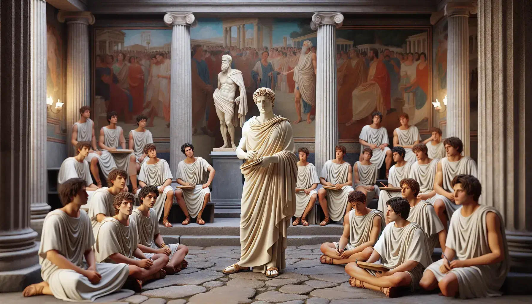 Escena de aula romana antigua con un hombre en toga enseñando a jóvenes sentados en semicírculo, estatuas y frescos en la pared bajo luz natural.