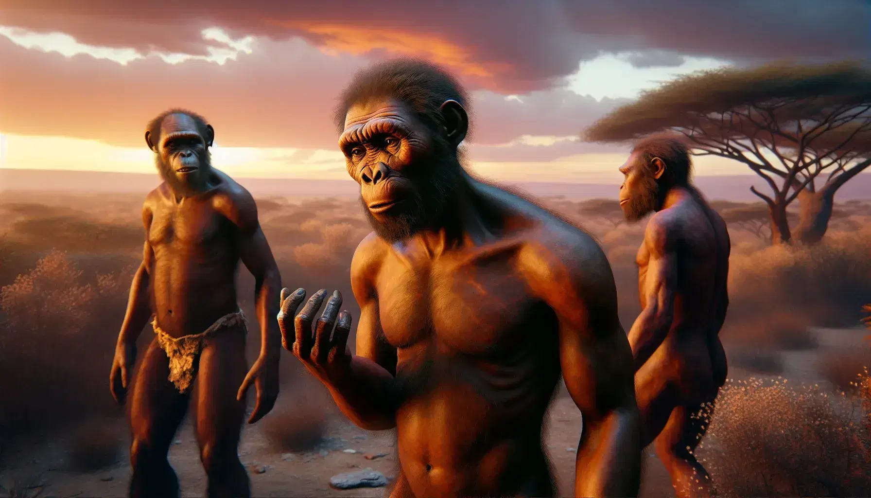 Grupo de Homo habilis en sabana africana al atardecer, con uno sosteniendo herramienta de piedra y otro gesticulando, bajo cielo anaranjado.