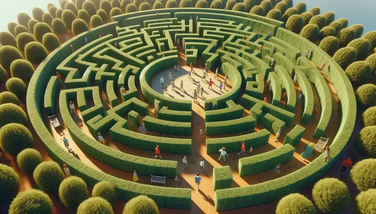 Vista aérea de un laberinto de setos verdes con personas explorando, un banco de madera en el centro y árboles alrededor en un día soleado.