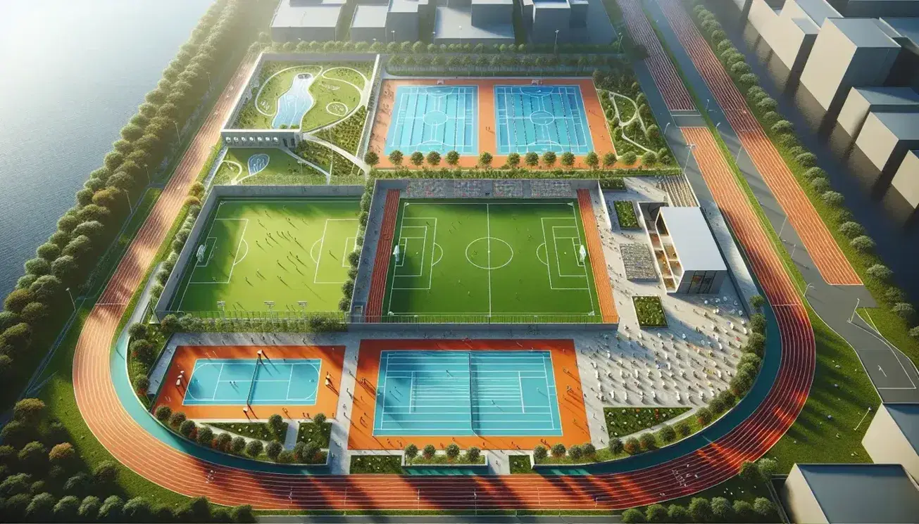 Vista aérea de complejo deportivo municipal con campo de fútbol, pista de atletismo naranja-roja, piscina olímpica y canchas de tenis.