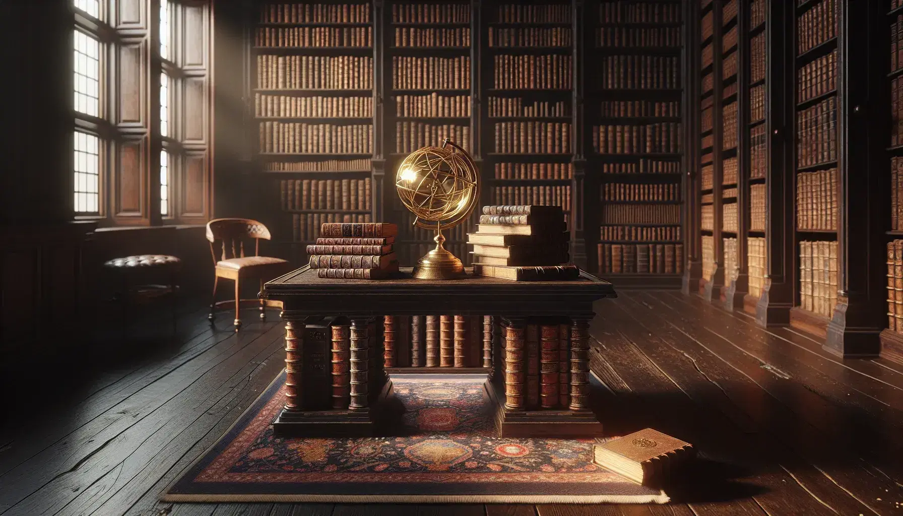 Biblioteca antigua con mesa de madera oscura, libros encuadernados en cuero, esfera armilar dorada y estanterías repletas, bajo una luz suave y ventana de madera.