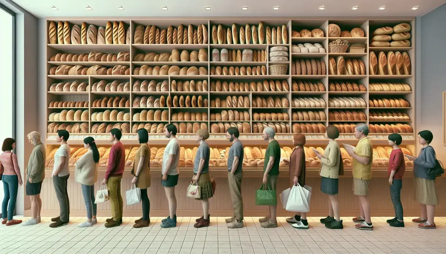 Coda di persone di diverse età in panetteria davanti a scaffale di legno con assortimento di pane fresco.