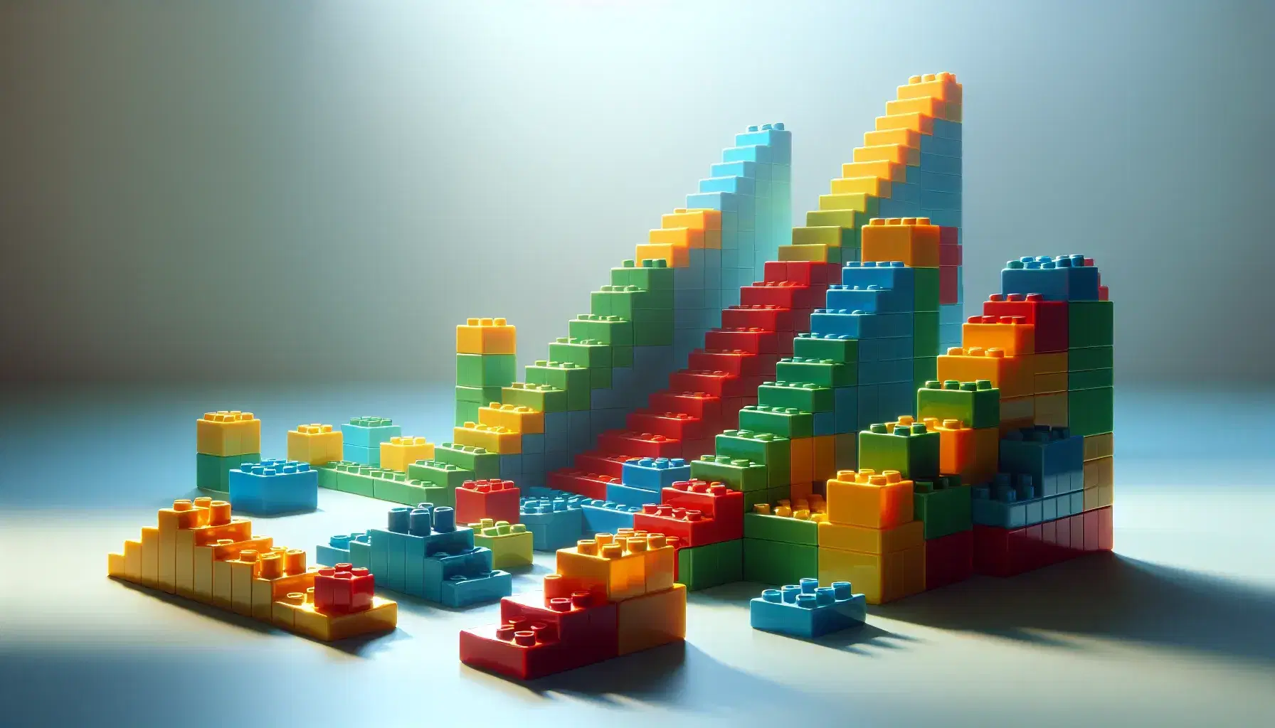 Bloques de construcción de plástico en colores vivos formando una estructura de escalera ascendente y descendente sobre superficie clara.