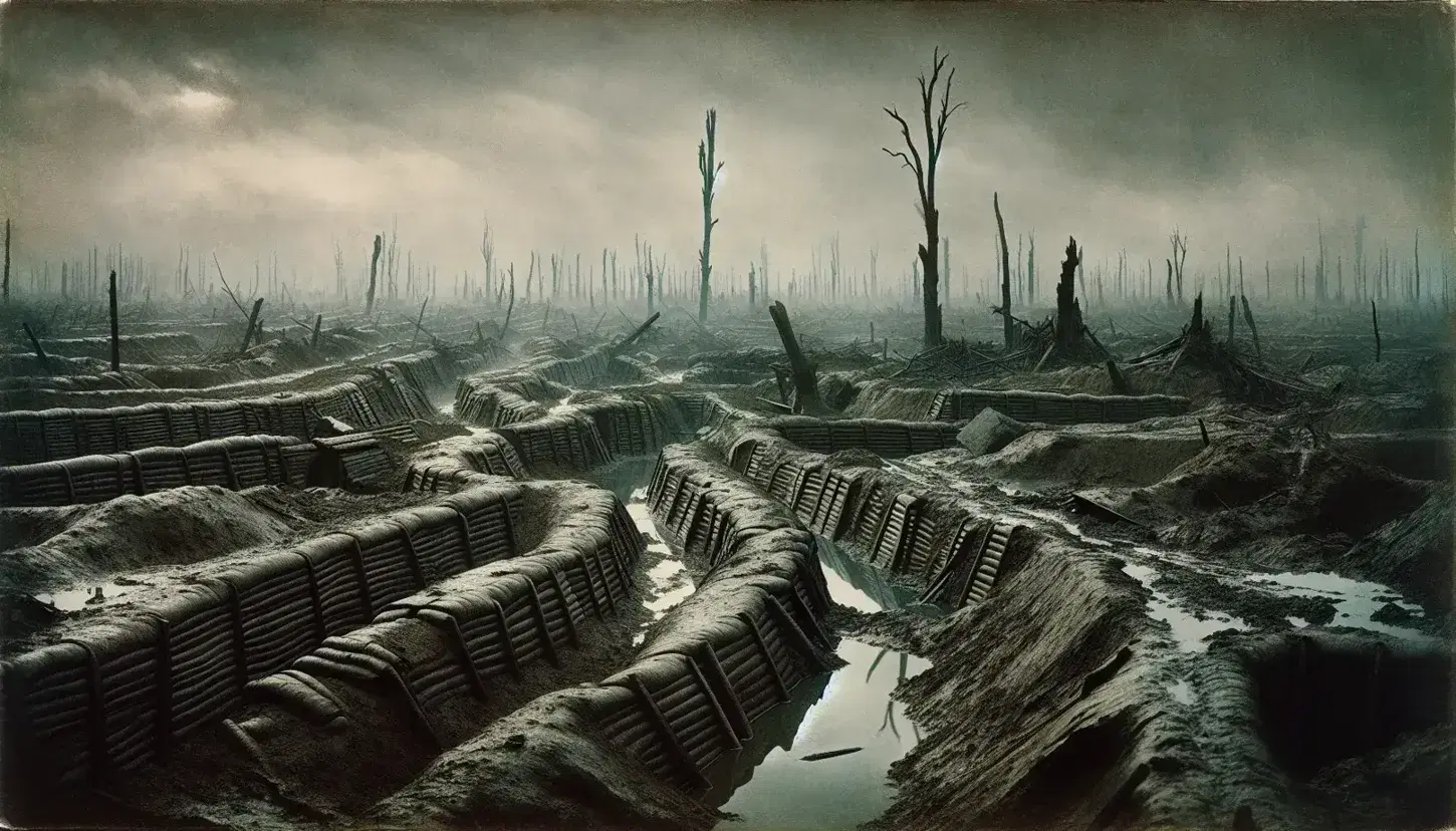 Paisaje bélico desolado con trincheras, árboles destrozados y cielo nublado reflejando la atmósfera sombría de la Primera Guerra Mundial.