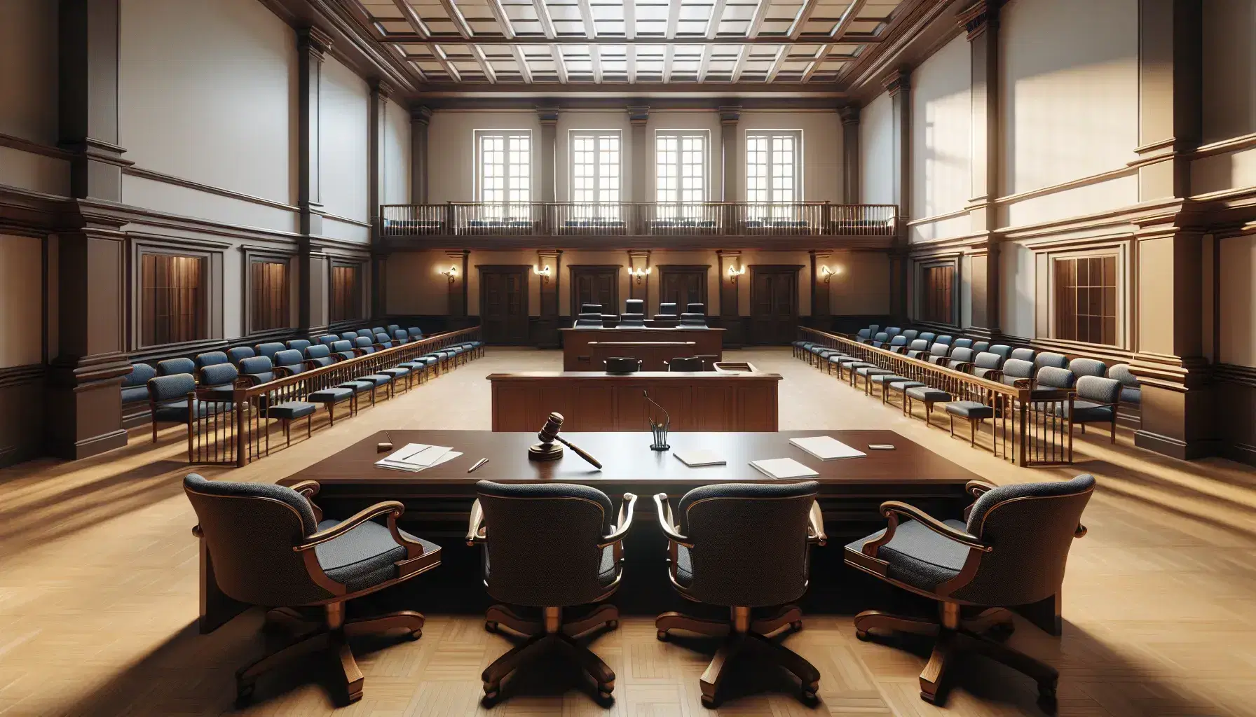 Aula di tribunale vuota con banco del giudice in legno scuro, martelletto, banchi avvocati e sedie blu per il pubblico, illuminata da luce naturale.
