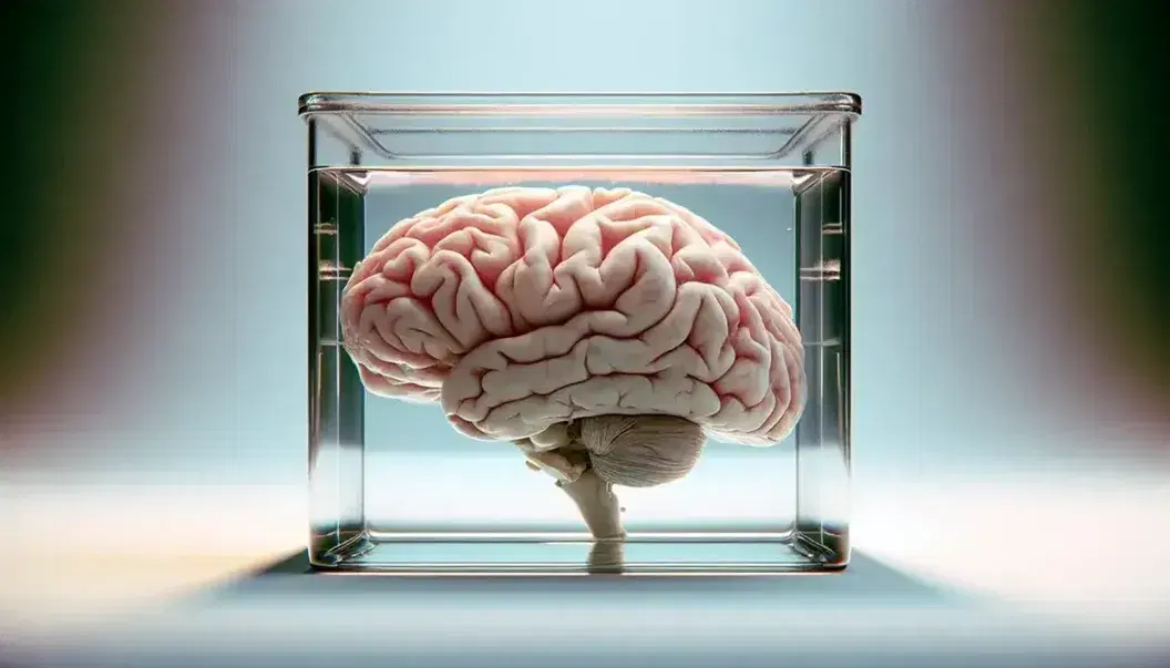 Human brain preserved in clear fluid inside glass container on blue-white gradient background.