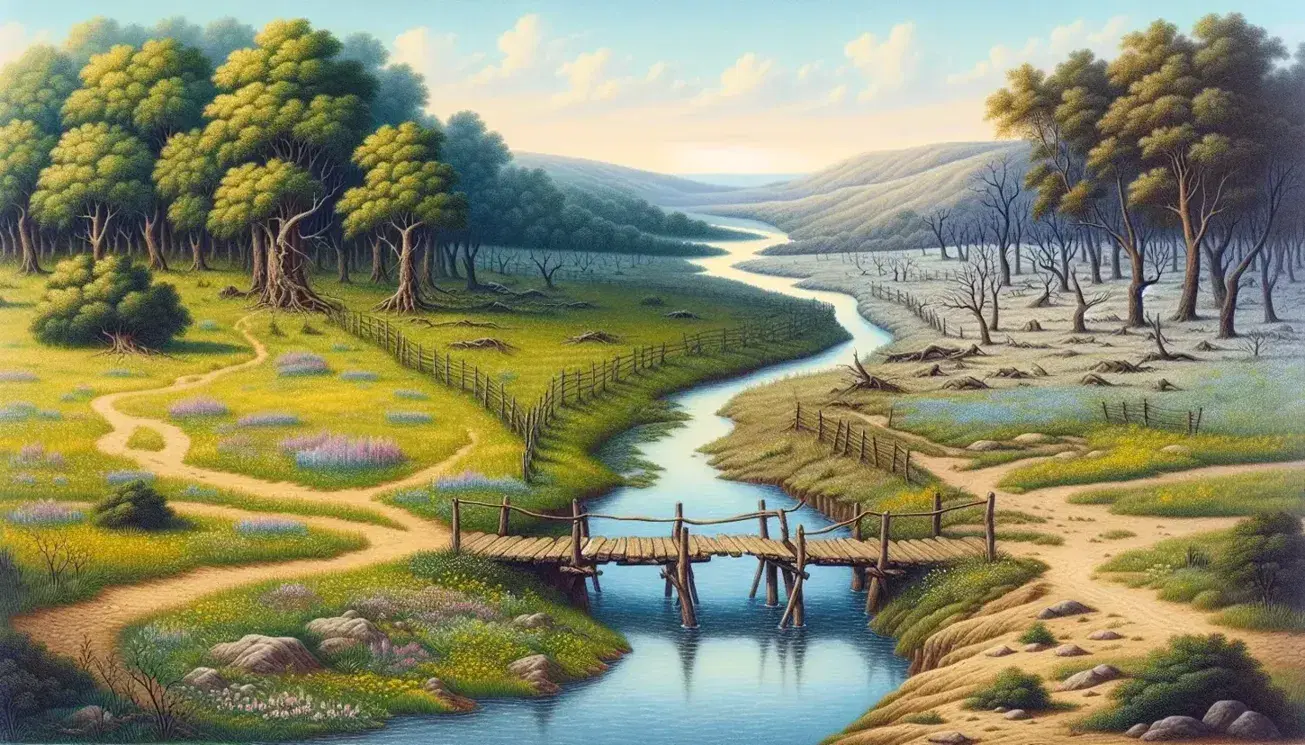 Serene landscape with a river dividing lush greenery and wildflowers from arid rocky terrain, connected by a rustic wooden footbridge.