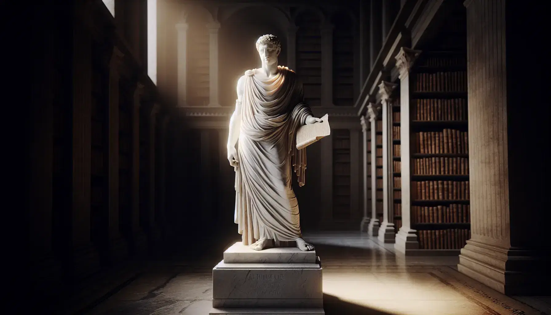 Statua in marmo di uomo in toga con rotolo di papiro nella biblioteca antica, evocando l'epoca ellenistica.