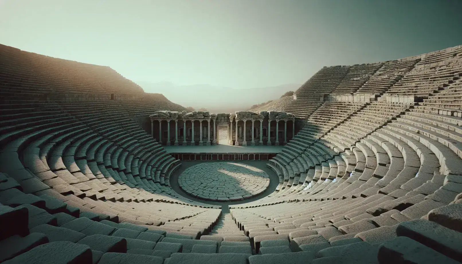 Teatro antico all'aperto con gradinate semicircolari in pietra grigia e palcoscenico centrale, sotto un cielo azzurro sereno.
